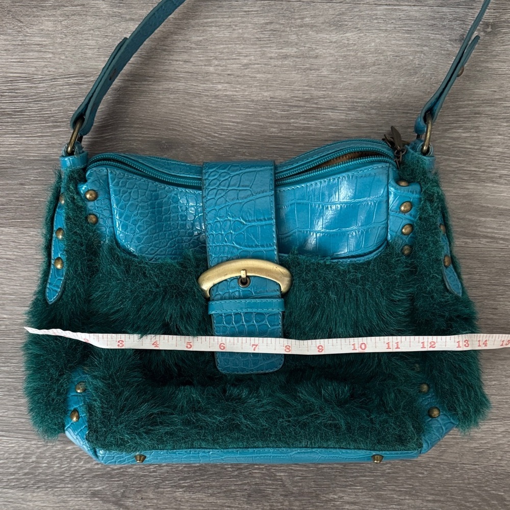 Teal Faux-Fur Shoulder Bag with Croc Texture - Picture 9 of 13